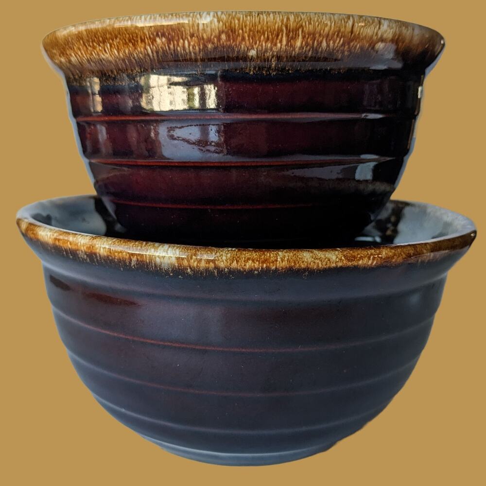 Vintage Brown Drip Glaze Nesting Mixing Bowls, Set of Two